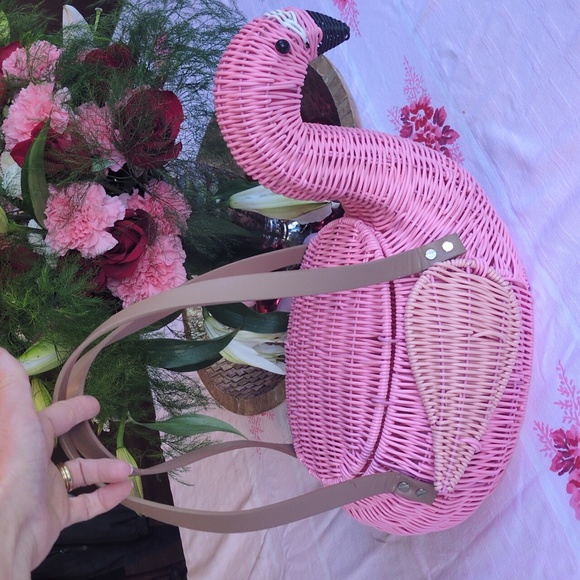 NWOT Pink Flamingo Wicker Purse Bag Basket - Picture 2 of 13
